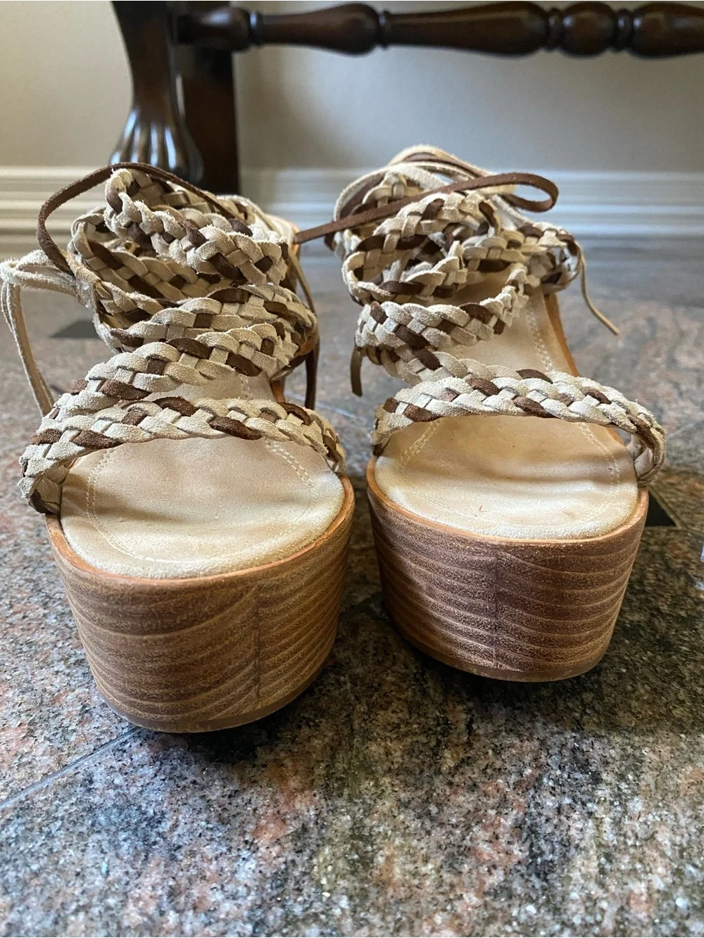 Le Silla Braided Lace-Up Platform Wedge Sandals, Beige, Size 7
